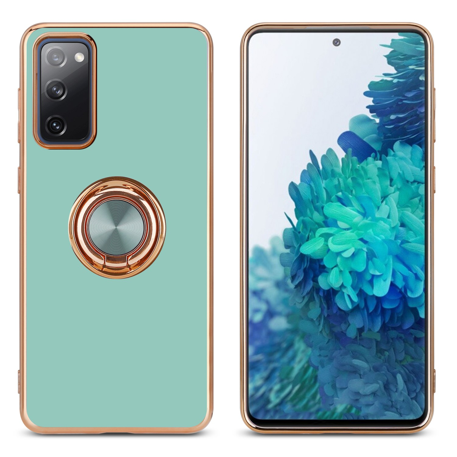 Eine türkisgrüne Handyhülle mit Ring und goldenem Rahmen. Rechts ein Handy mit floralem Hintergrund.