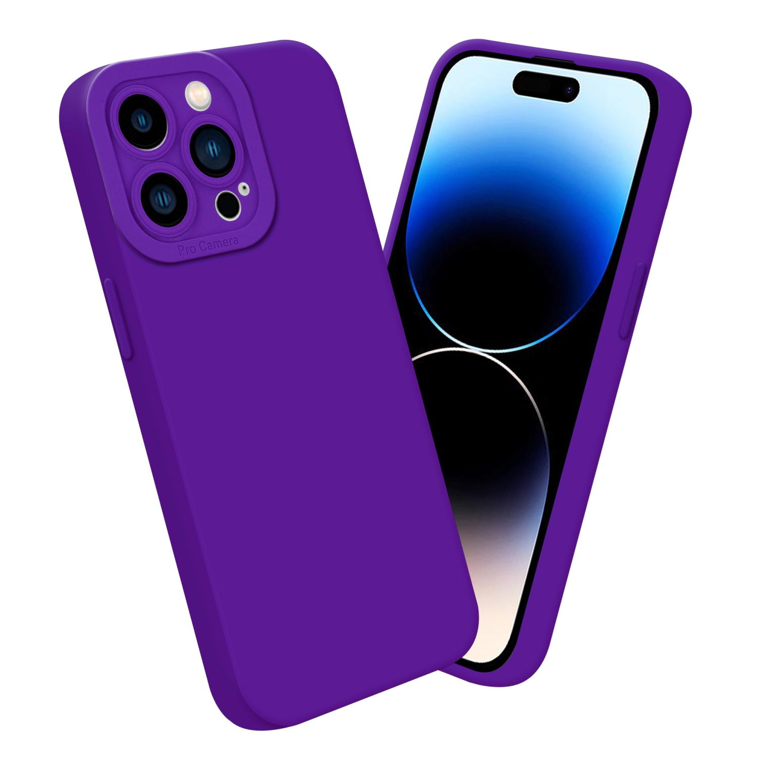 Due custodie per telefono viola. Una con protezione fotocamera, l'altra mostra lo schermo.