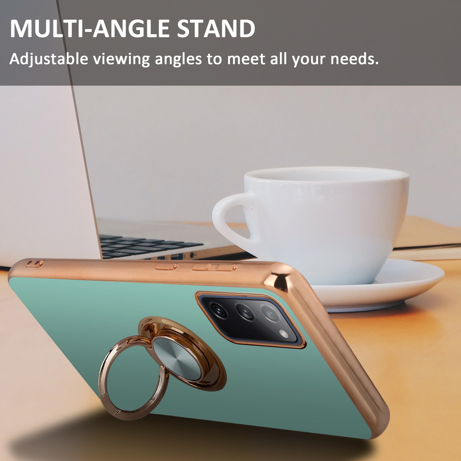 Eine Handyhülle mit Ringständer steht auf einem Schreibtisch, mit einem Laptop und einer Kaffeetasse.