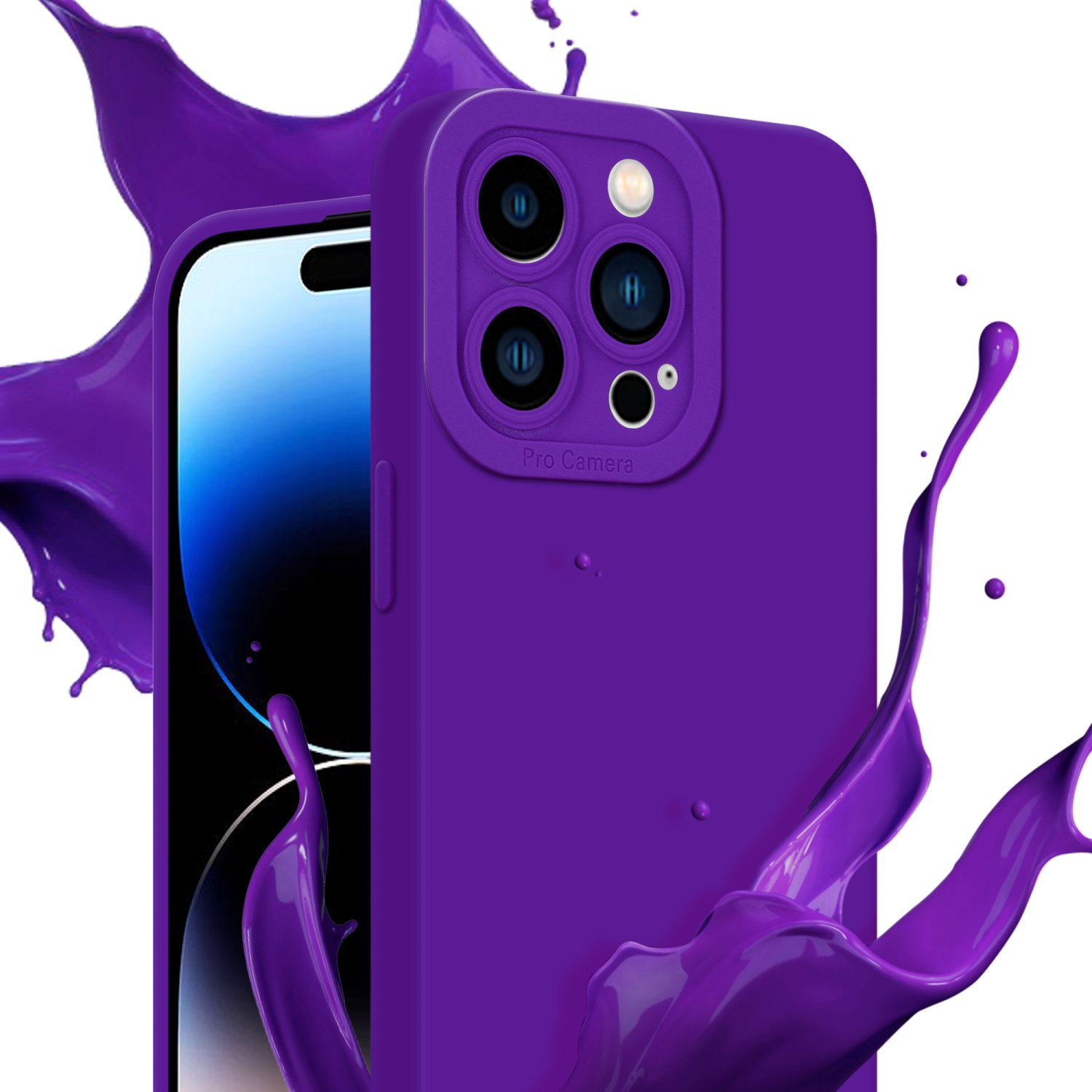 Custodia viola per telefono con fotocamera pro. Spruzzo di vernice viola sullo sfondo.