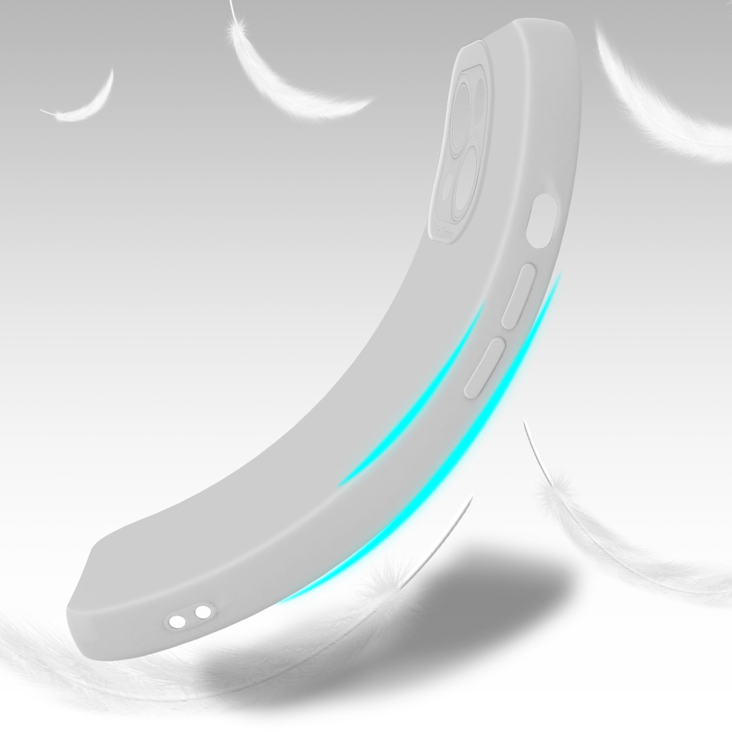 Una custodia per telefono bianca con un design curvo e ritagli. Piume fluttuanti sullo sfondo.