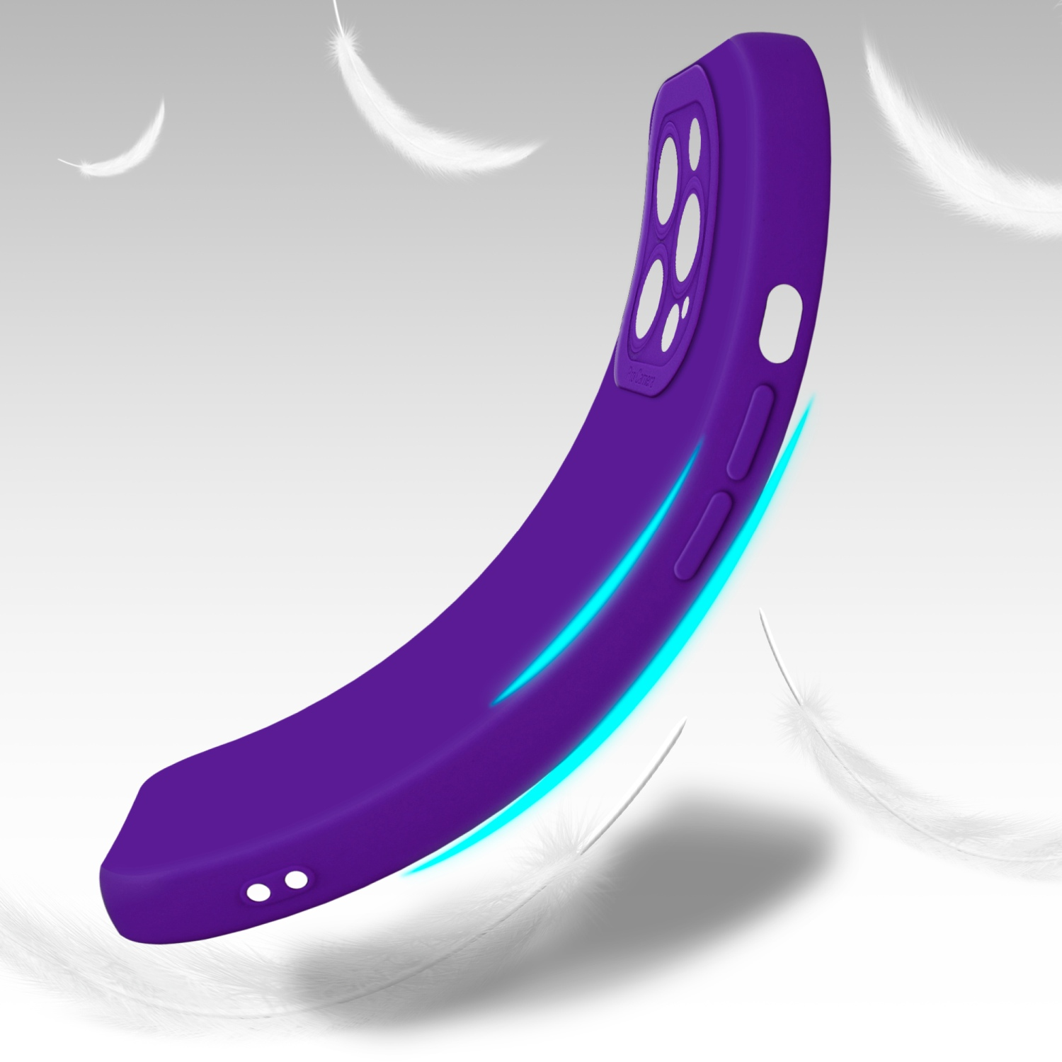 Una custodia per telefono viola con i lati curvi. Sembra che delle piume bianche fluttuino intorno.