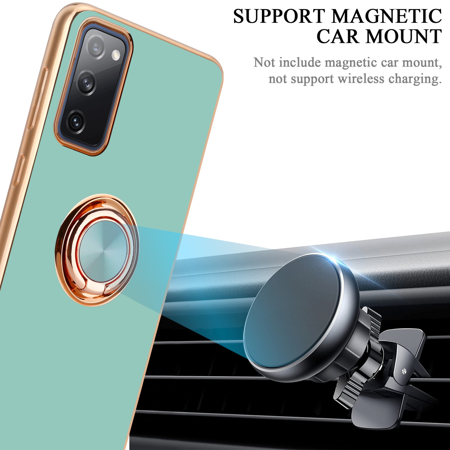 Telefon mit grünem Case und magnetischer Autohalterung. Text: Magnetic Car Mount. Weißer Hintergrund.
