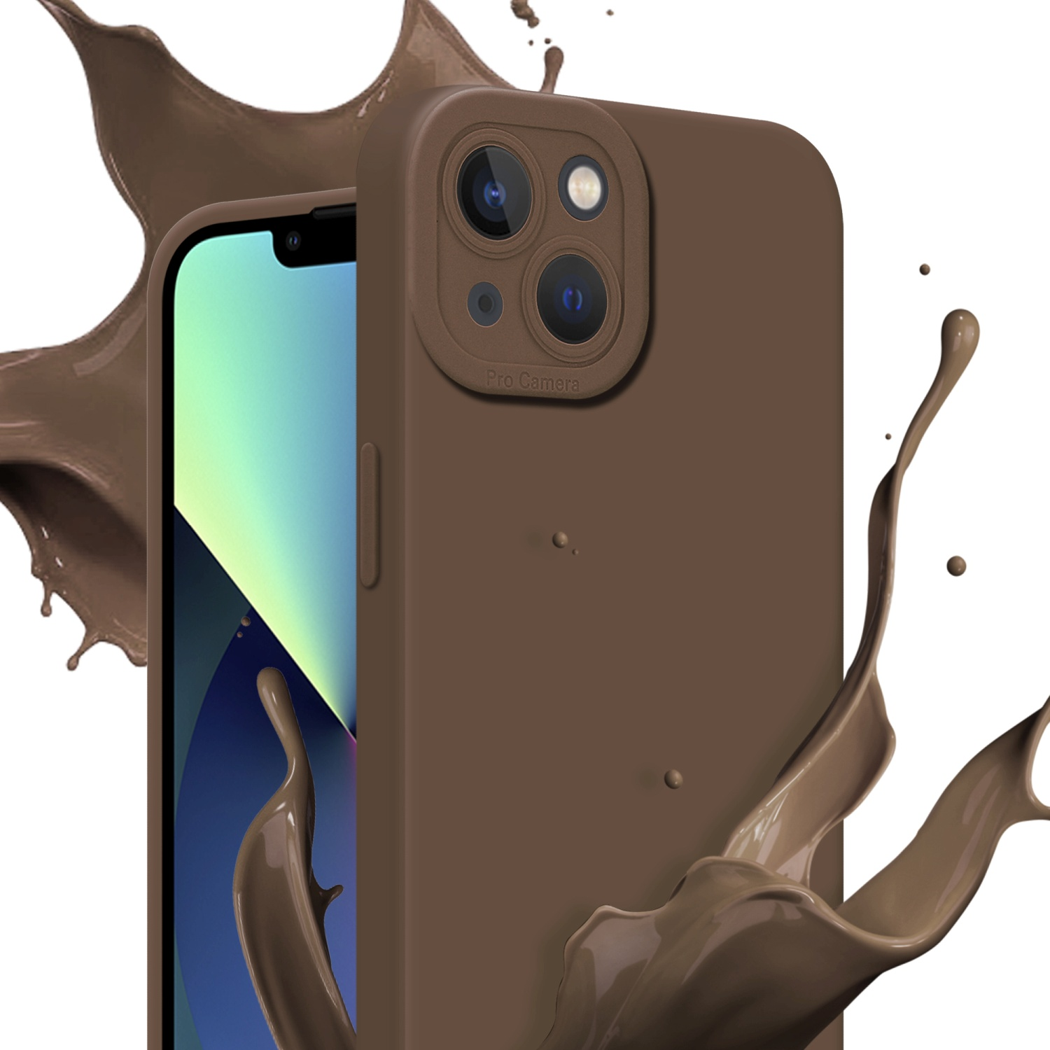 Una custodia per telefono con un telefono all'interno e uno spruzzo di liquido marrone. Il retro ha un rigonfiamento della fotocamera.