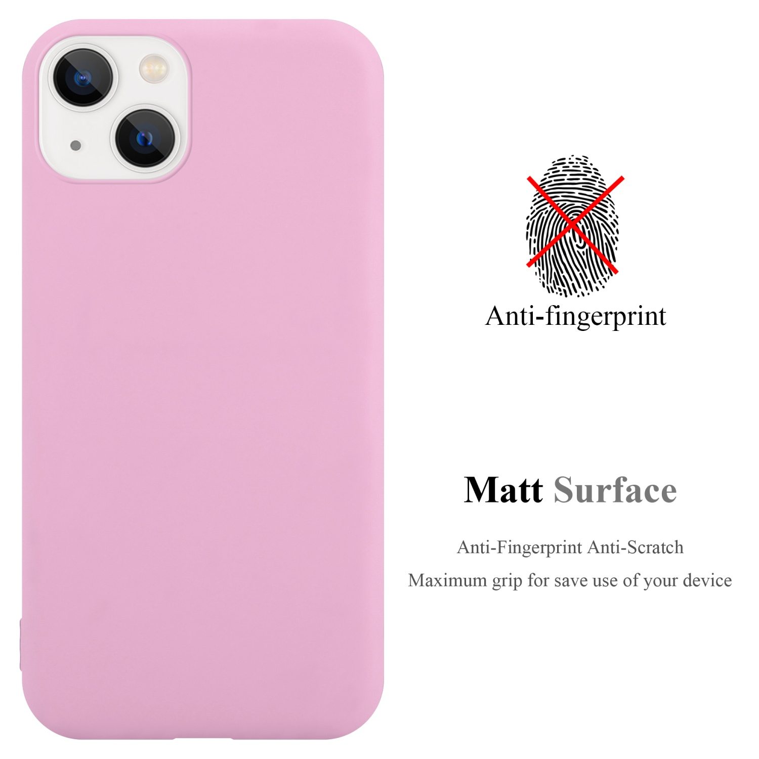 Rosa Handyhülle mit Dreifach-Objektivkamera, mit Anti-Fingerabdruck-Text.