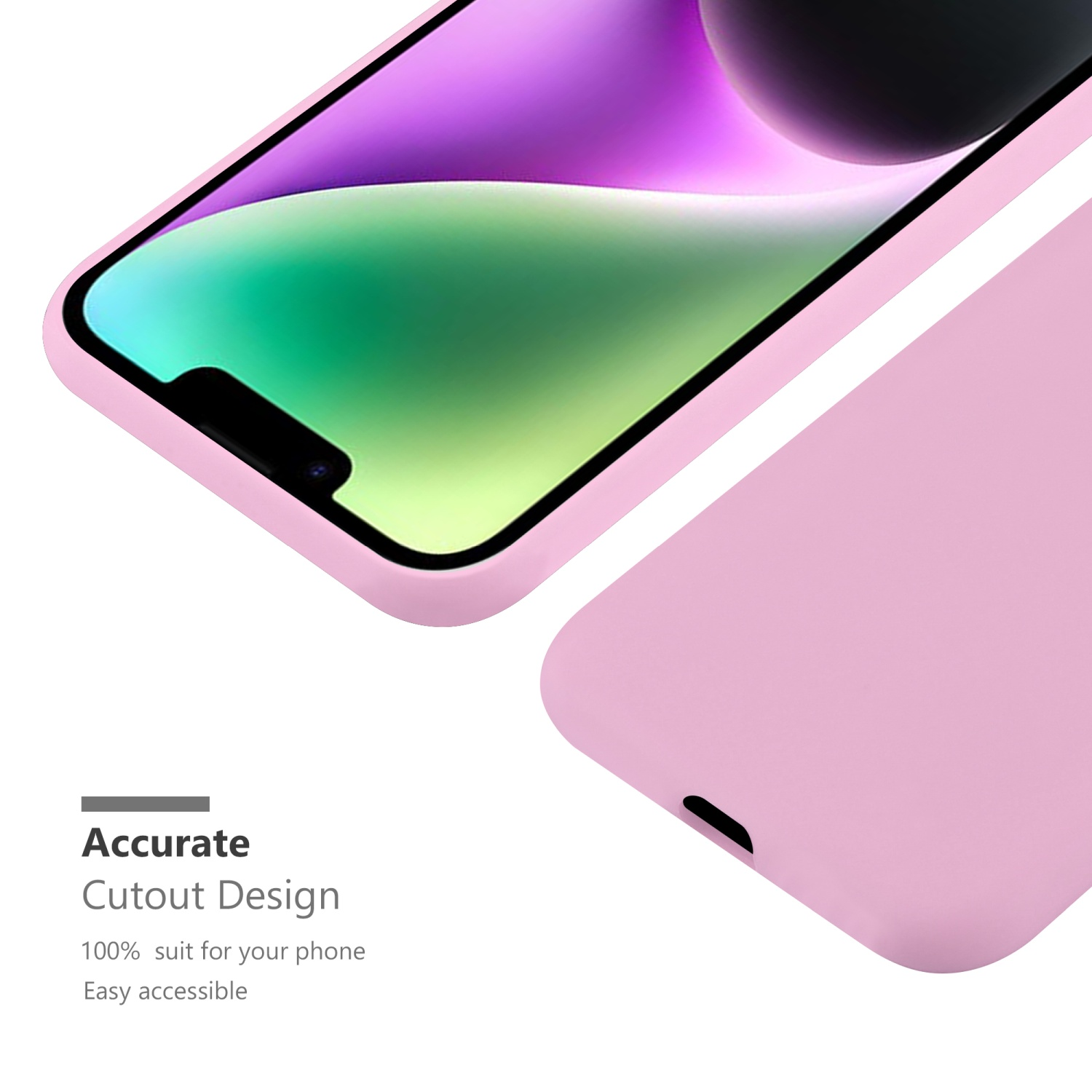Rosa Handyhülle, Nahaufnahme. Präzises Ausschnittdesign. Text: 'Easy accessible' und '100% suit for your phone'.