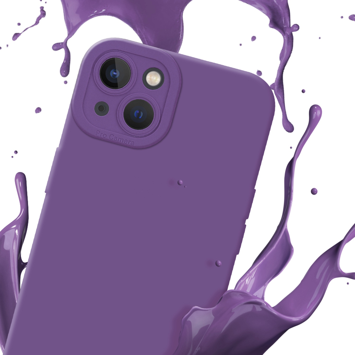 Custodia per telefono viola con tripla fotocamera, con schizzi di vernice viola.