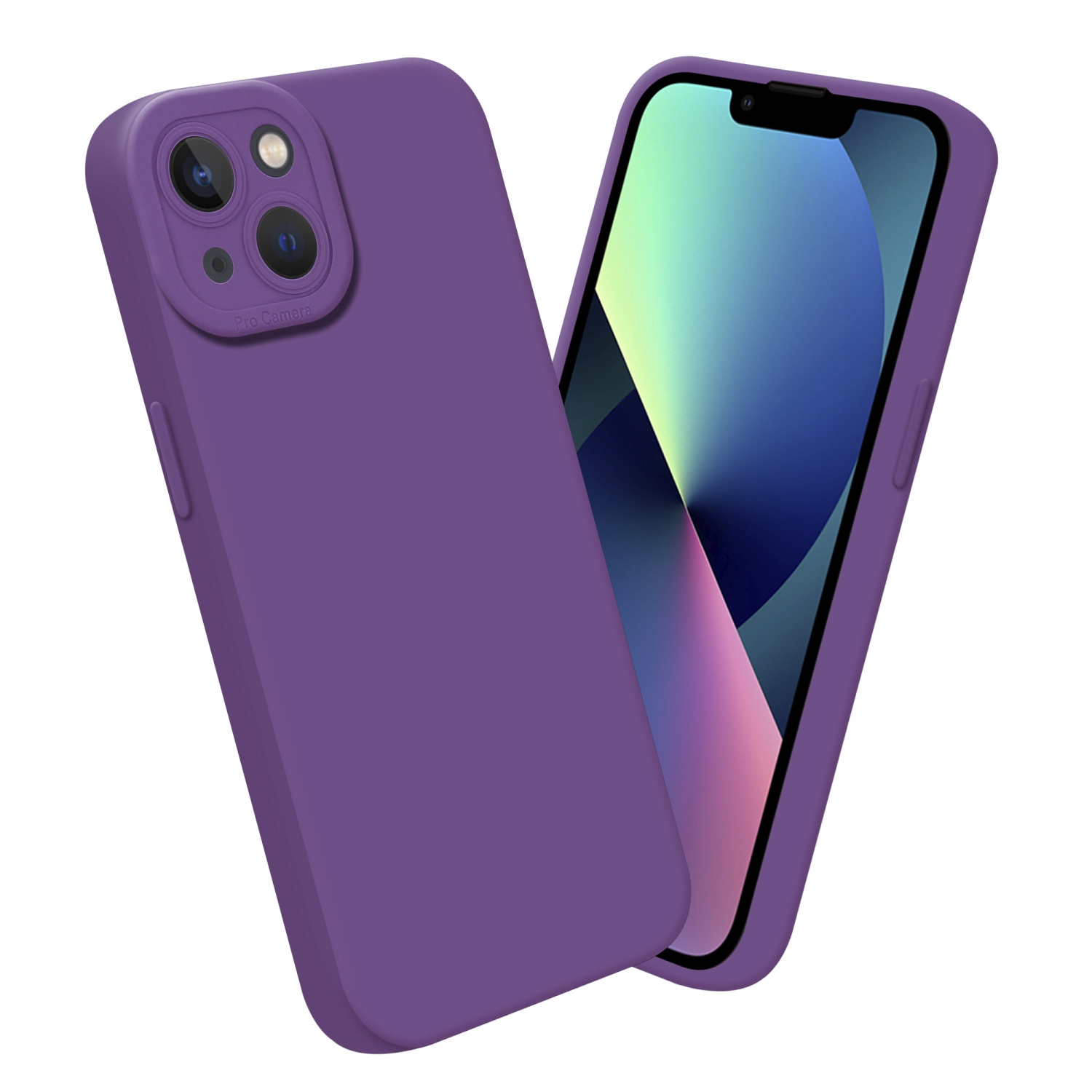 Custodia viola e telefono con schermo su sfondo bianco.