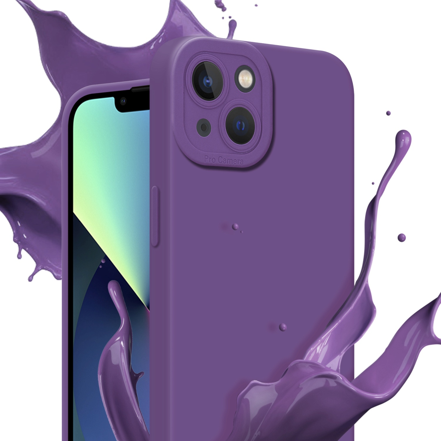 Una custodia per telefono viola con un telefono. Schizzi di liquido viola intorno alla custodia. Il telefono ha tre fotocamere.