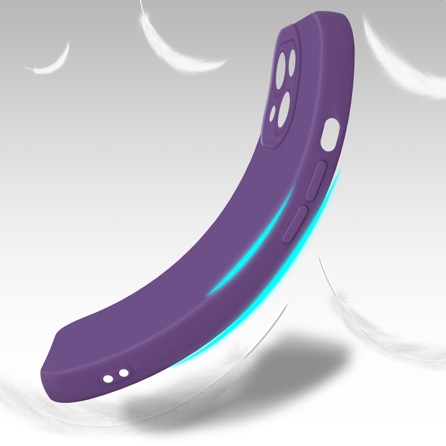 Custodia viola per telefono che cade con piume sullo sfondo.