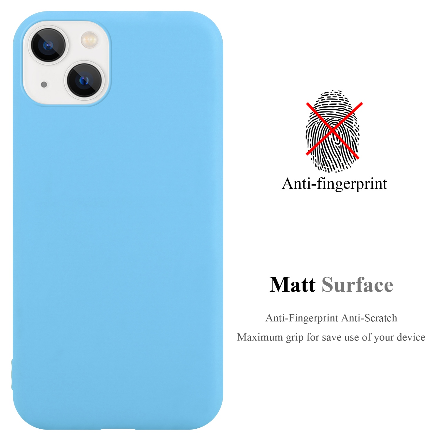 Hellblaue Handyhülle. Fingerabdruck durchgestrichen. Text: Matt Surface, Anti-Fingerprint.