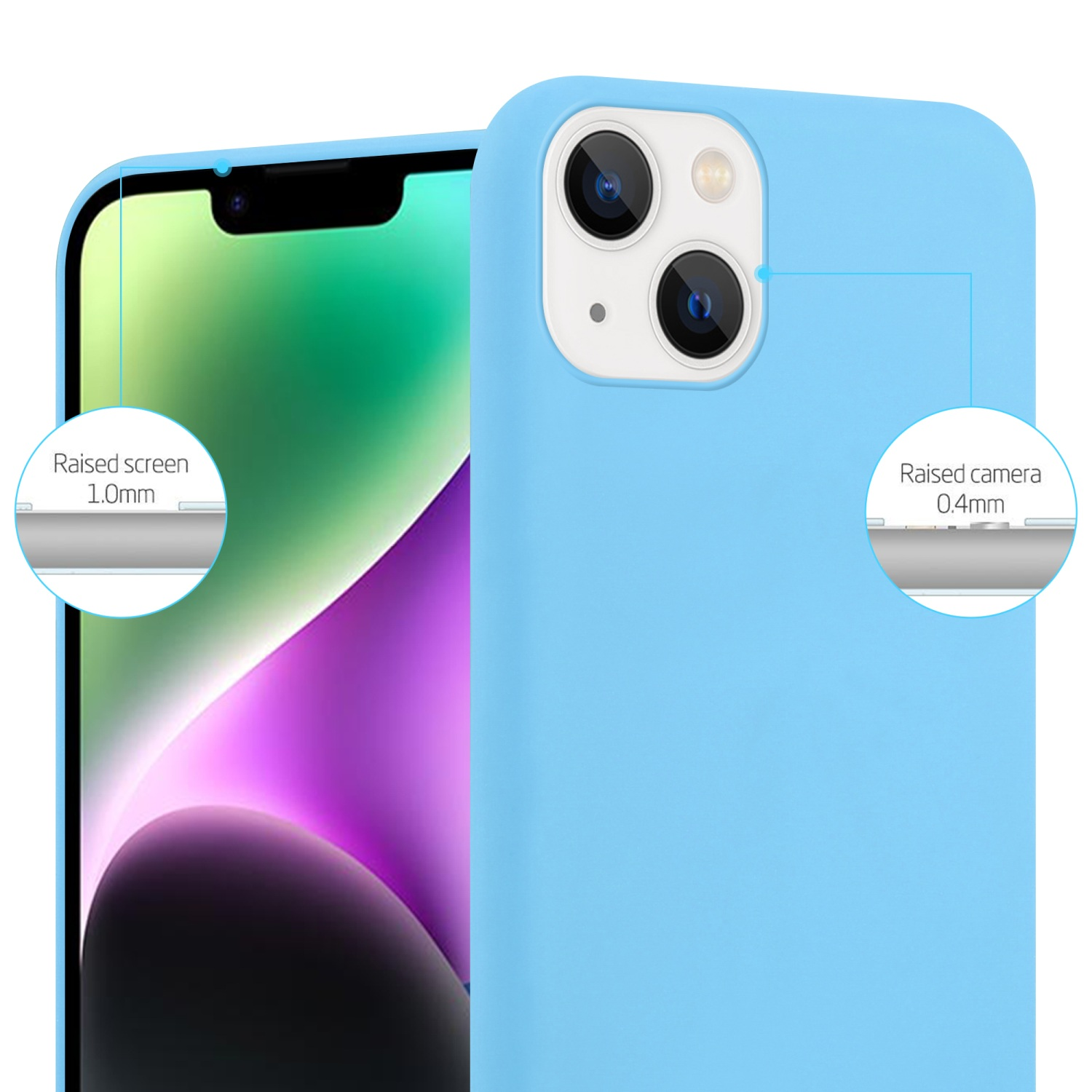 Eine blaue Handyhülle mit erhöhten Bildschirm- und Kamerarändern, die das Telefon zeigt.