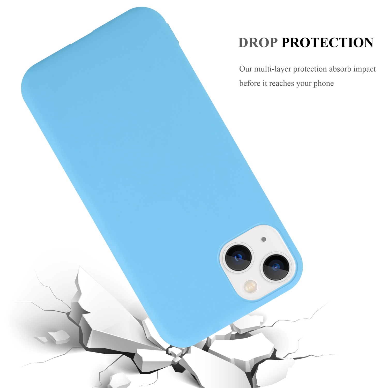 Blaue Handyhülle mit zwei Kameras. Telefon fällt. Text: Fallschutz.