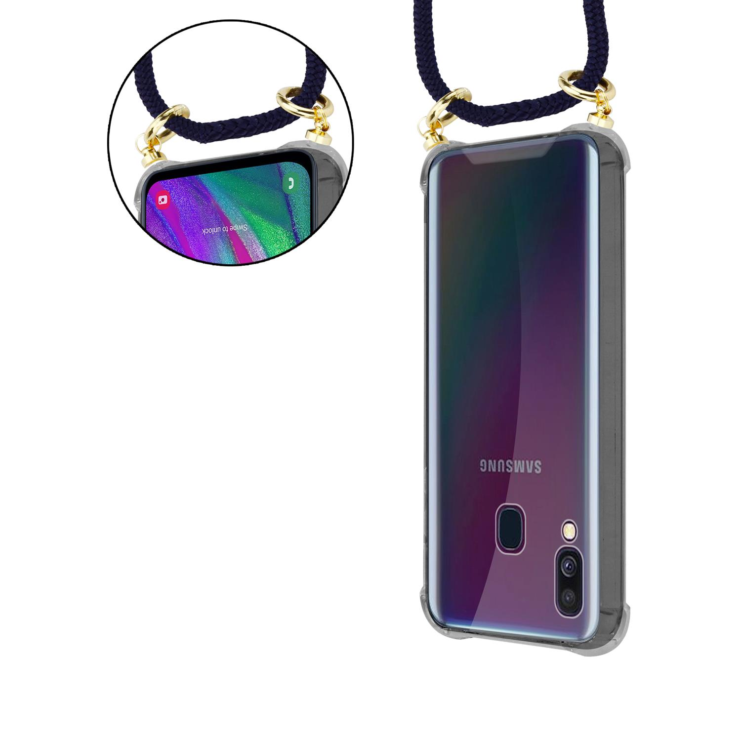 CADORABO Handy Ringen, Samsung, Band Backcover, A40, abnehmbarer mit Galaxy Hülle, Gold Kordel und BLAU TIEF Kette