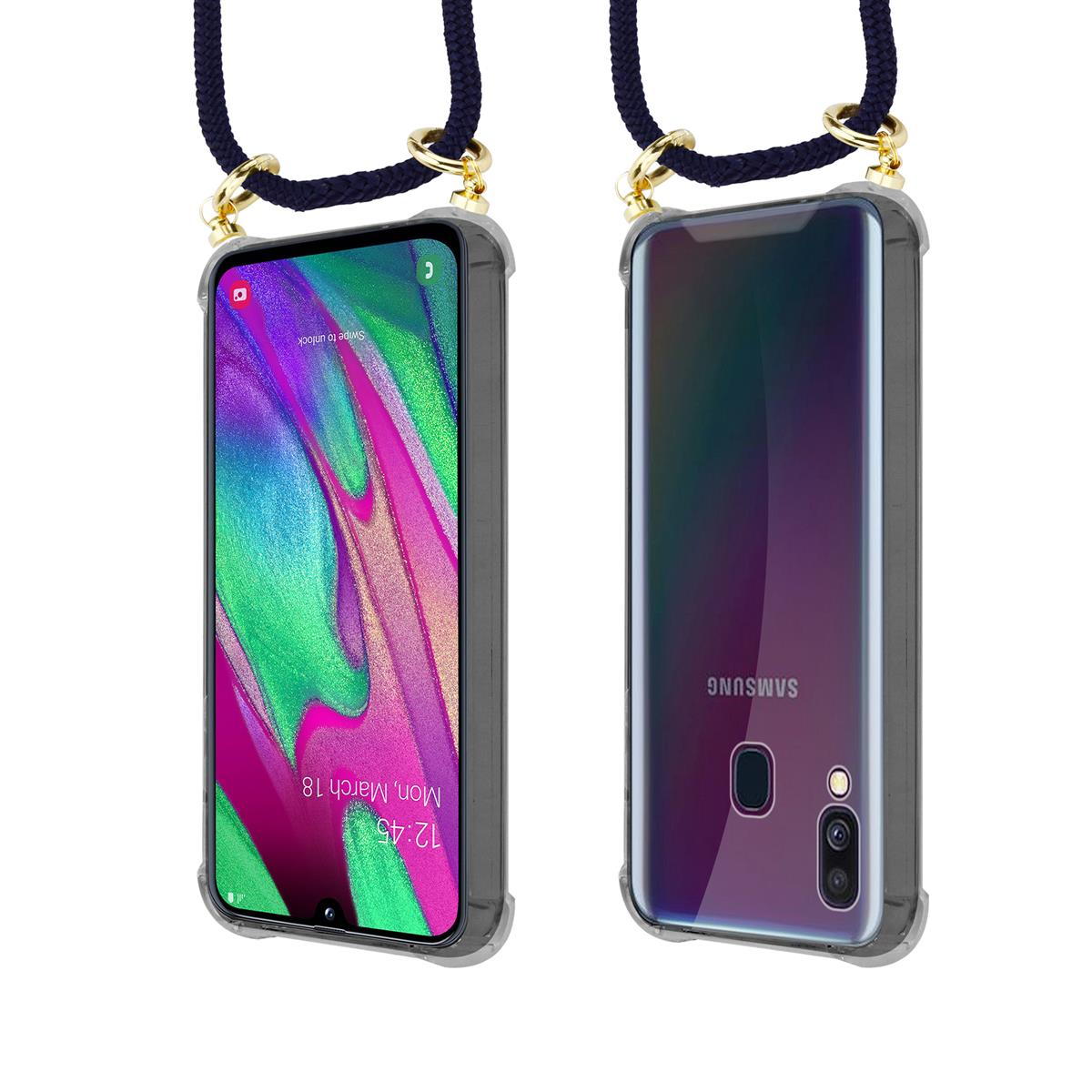 Zwei Telefone mit Hüllen, eins mit Bildschirm, eins mit Rückseite, mit Lanyard.
