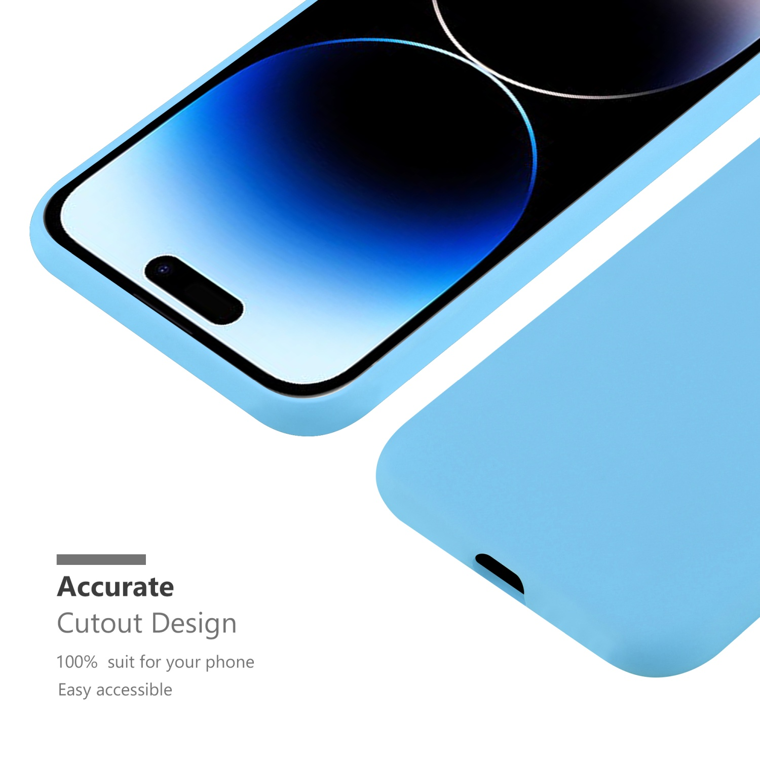 Eine hellblaue Handyhülle mit einem Telefon im Inneren. Der Text auf dem Bild lautet „Accurate Cutout Design“.