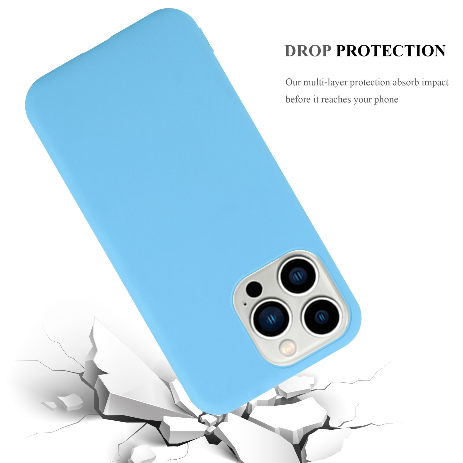 Blaue Handyhülle mit Telefon und Text über Fallschutz und Stoßabsorption.