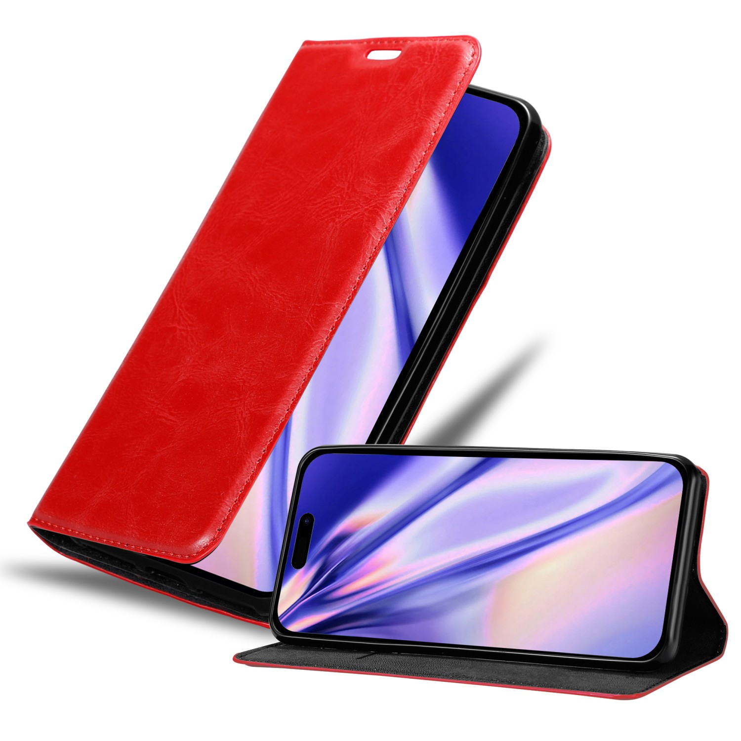 Rote Handyhülle, geöffnet, um ein Handy zu zeigen. Das Handy ist rechts, die Hülle links geöffnet.