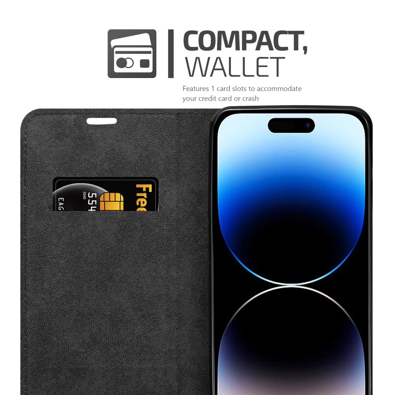 Eine schwarze Handyhülle mit Wallet-Design, die ein Telefon und eine Kreditkarte auf weißem Hintergrund hält.