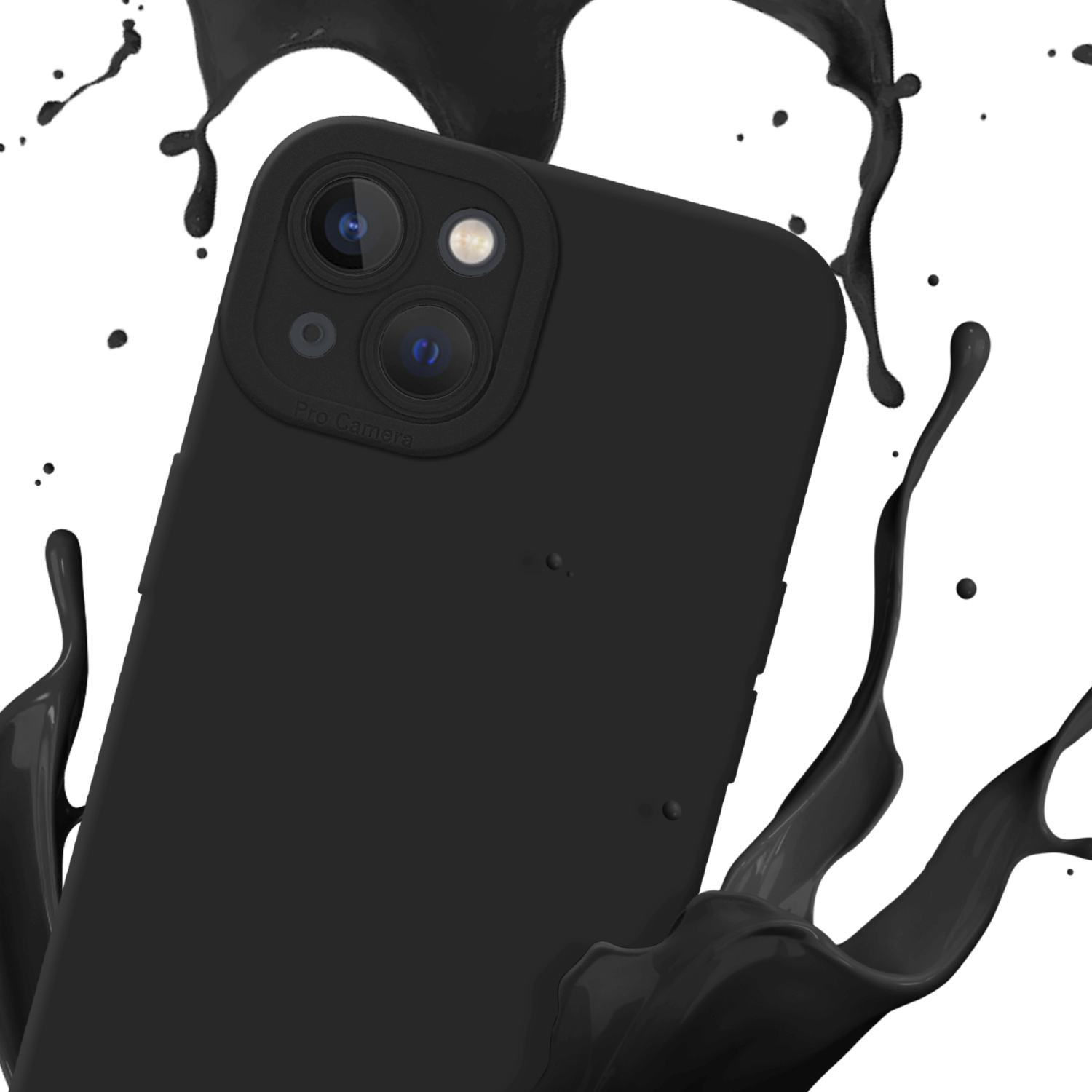 Una custodia nera per telefono con le lenti della fotocamera visibili. Schizzi di vernice nera.