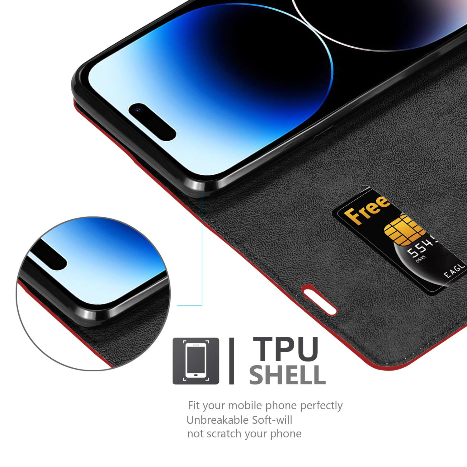 Ein Telefon mit Bildschirm in einer schwarz-roten Hülle. Eine kostenlose SIM-Karte wird neben dem Telefon gezeigt.