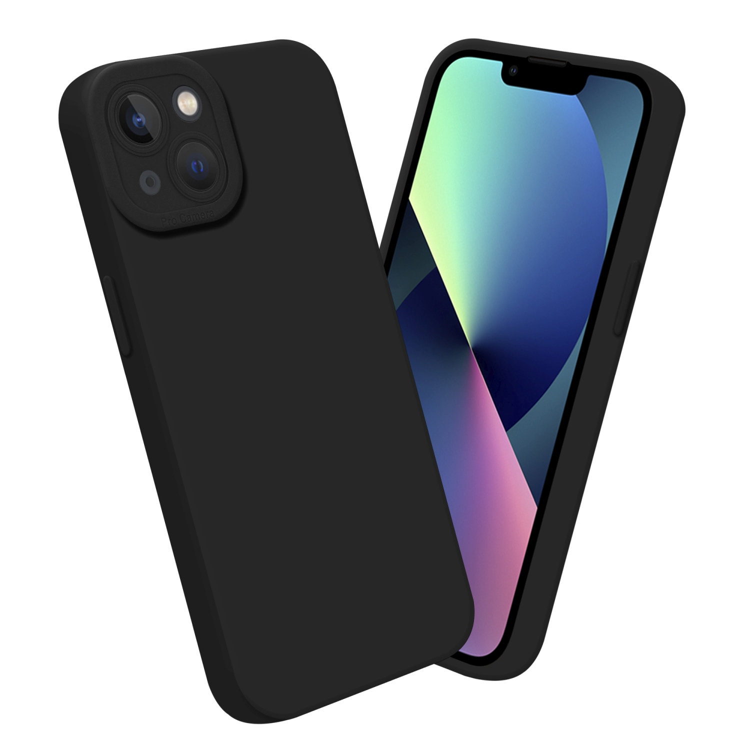 Custodia nera accanto a un telefono. Sfondo blu e viola.