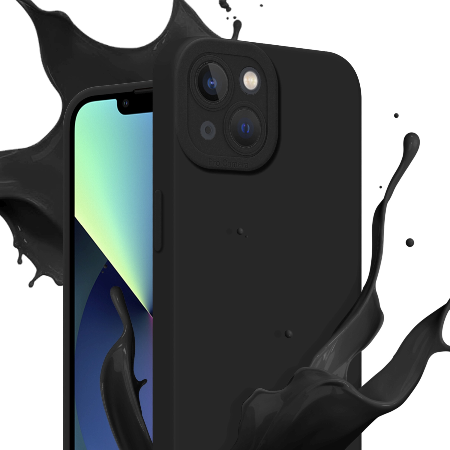 Custodia per telefono nera con spruzzo nero dietro un telefono con tripla fotocamera.