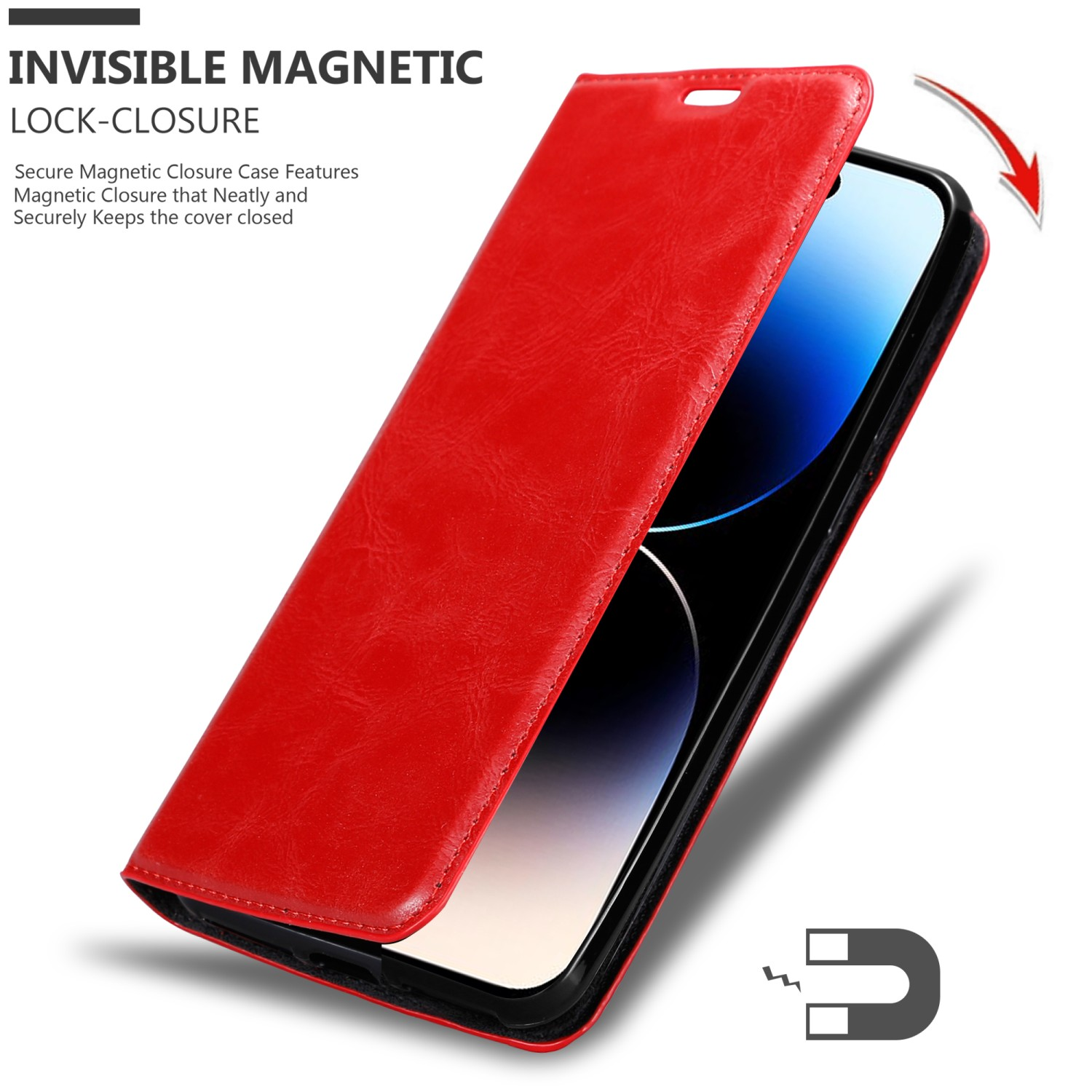 Rote Handyhülle mit sichtbarem Magnetverschluss. Telefon ist darin, Pfeil zeigt Magnetverschluss.