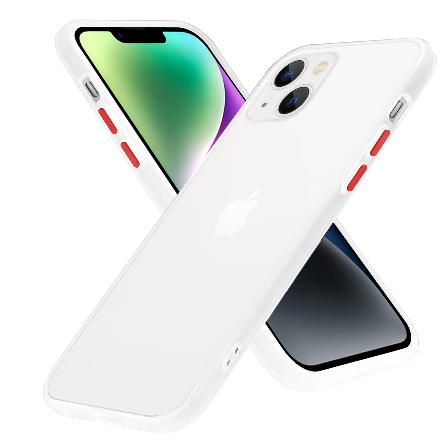Zwei weiße Telefone, eines mit weißer Hülle und roten Knöpfen, weißer Hintergrund.