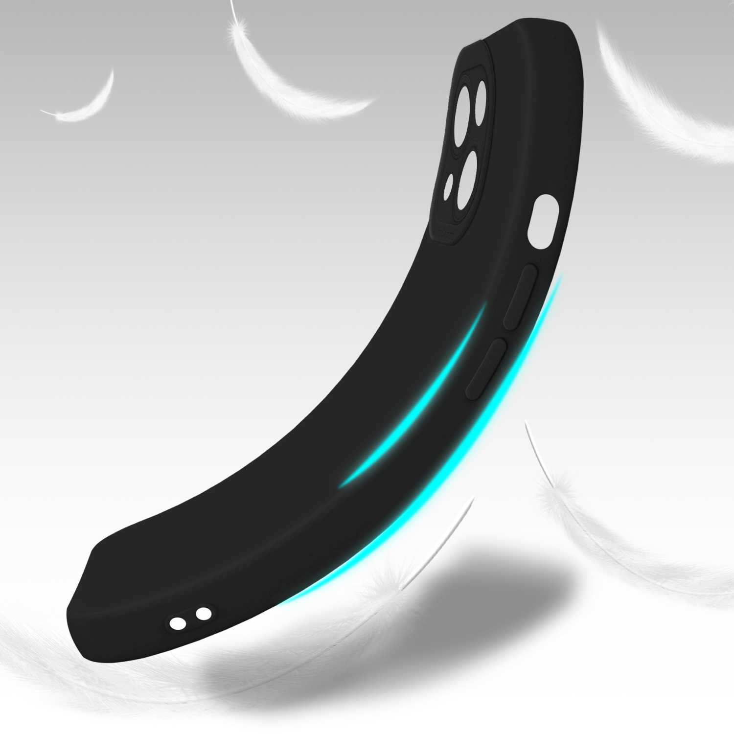 Custodia nera per telefono in aria con luce blu. Piume bianche sullo sfondo.