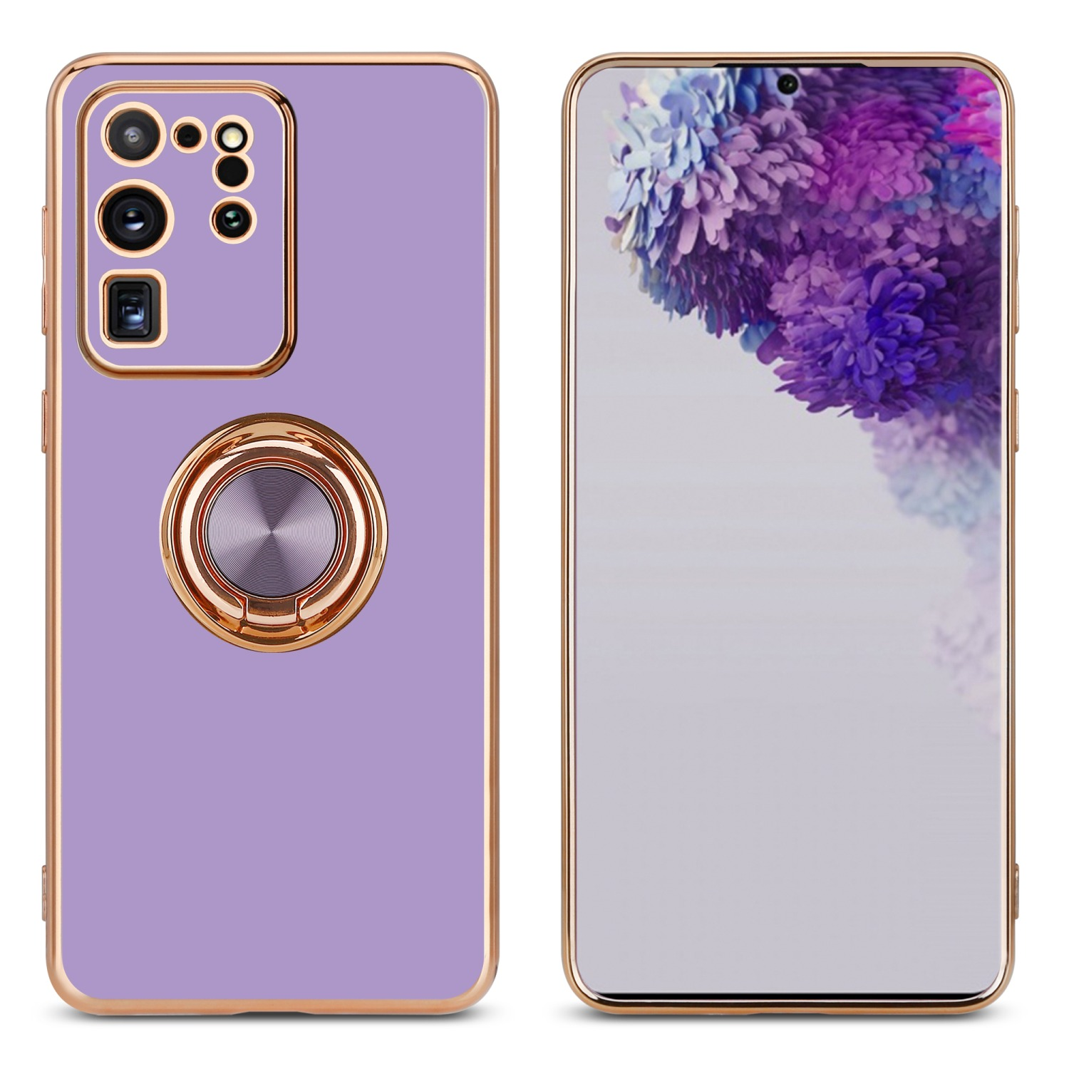 Custodia per telefono con retro viola e anello dorato. Il telefono è a destra.
