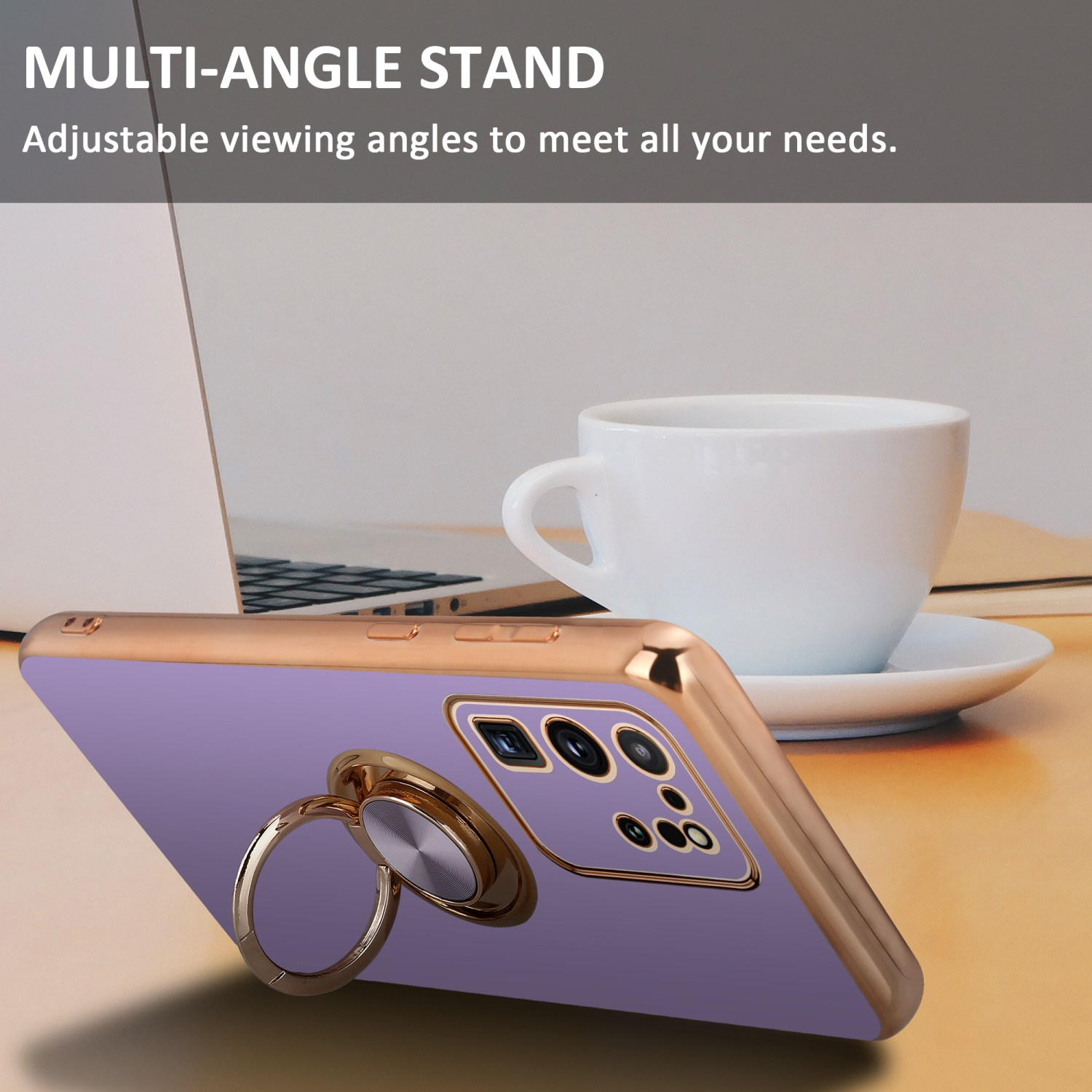 Una custodia per telefono con supporto ad anello, su una scrivania con laptop e tazza bianca.