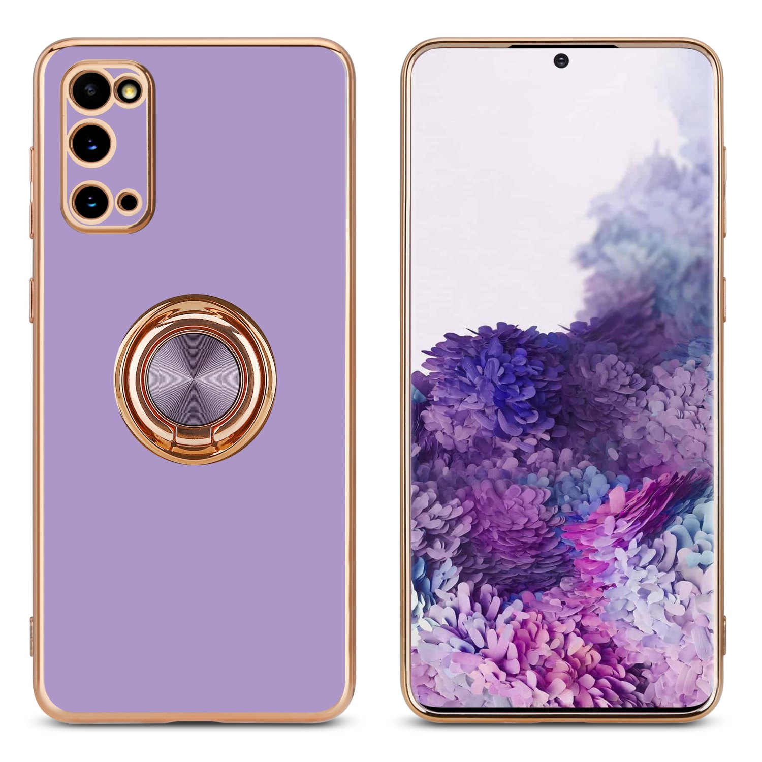 Due telefoni affiancati. Uno è un telefono viola con un anello d'oro, l'altro mostra uno schermo floreale.