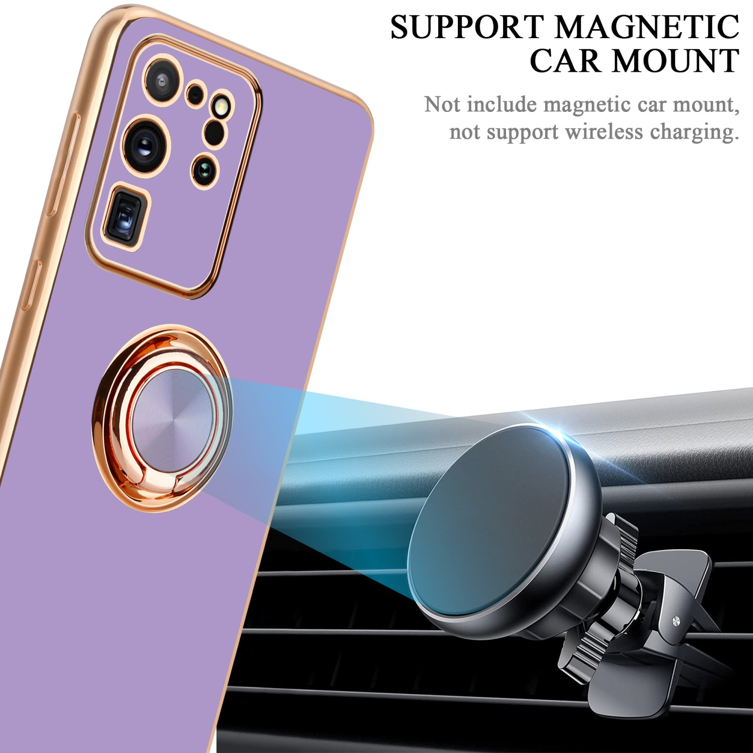 Una custodia per telefono viola con un porta anello e un supporto magnetico per auto.