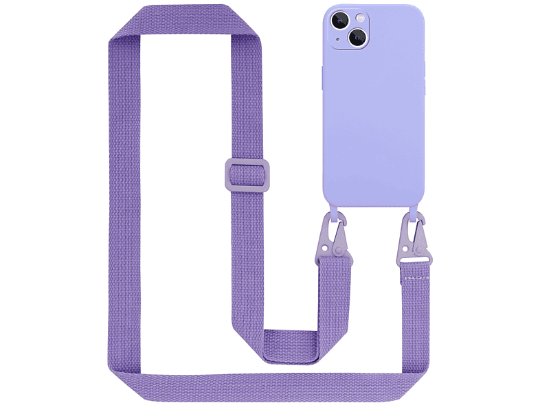 CADORABO Handy Kette Silikon Schutzhülle mit längen verstellbaren Kordel Band, Backcover, Apple, iPhone 14, LIQUID HELL LILA