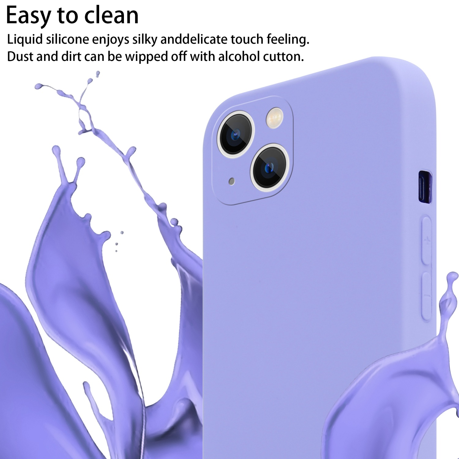 Custodia per telefono viola con uno schizzo di liquido viola. La custodia del telefono ha un ritaglio per la fotocamera.