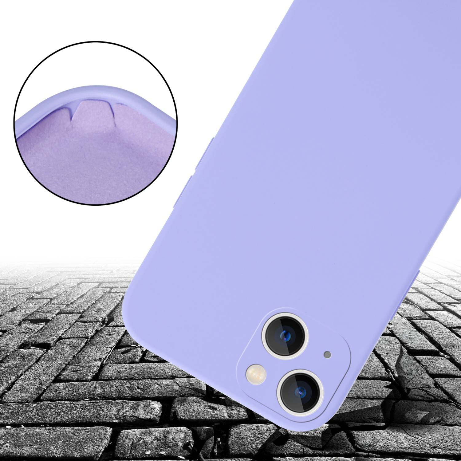 Custodia per telefono viola con ritagli per fotocamera, su una superficie di pietra. Primo piano.