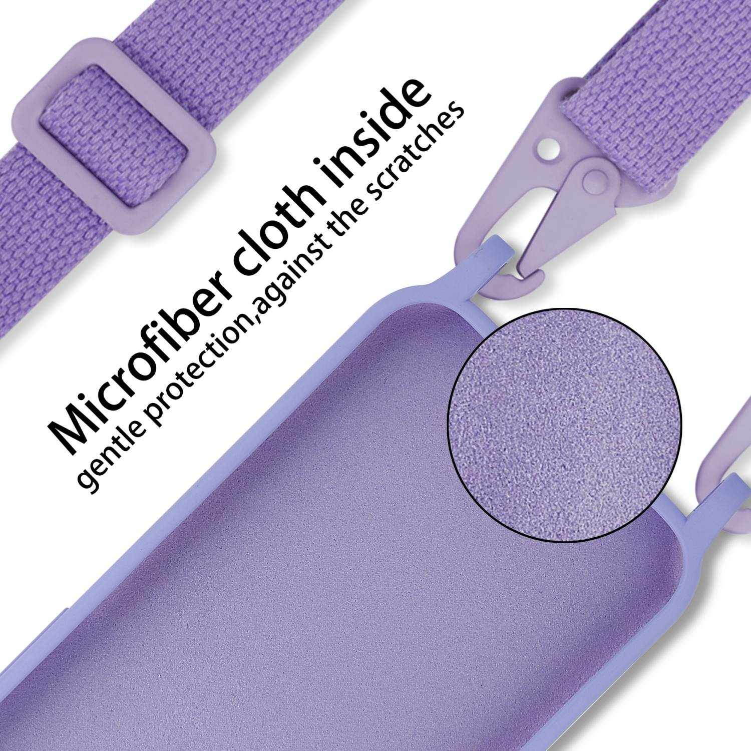 Primo piano di una custodia viola per telefono con cinturino e primo piano dell'interno.