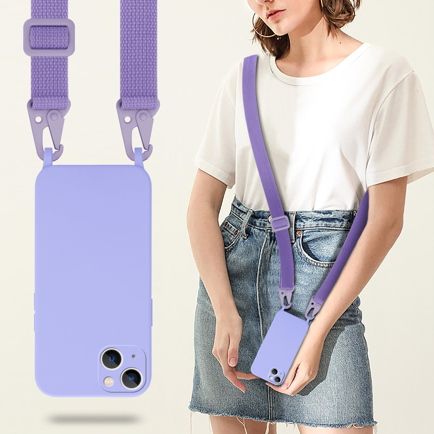 Una donna che tiene una custodia per telefono viola con un cinturino abbinato. Sfondo neutro.