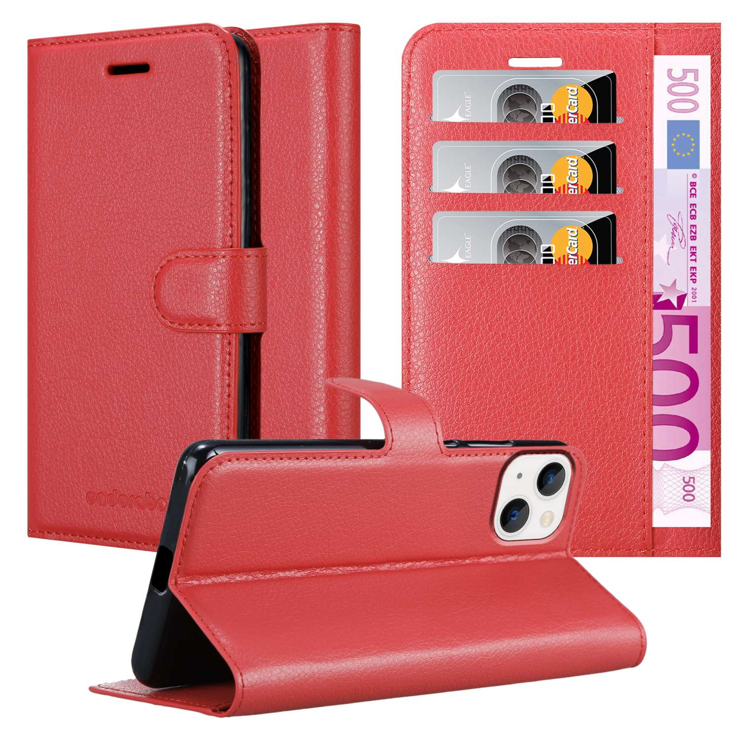 Rotes Telefon-Brieftaschentui mit Kartenfächern, geschlossenem Verschluss und einem Telefon darin.