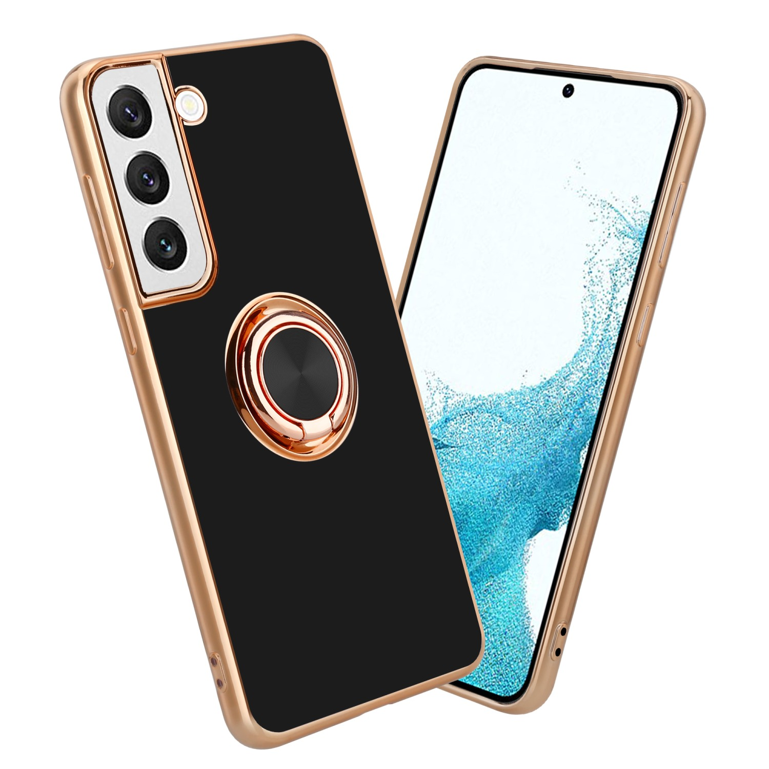 Custodia nera per telefono con cornice dorata. Il telefono ha tre fotocamere.