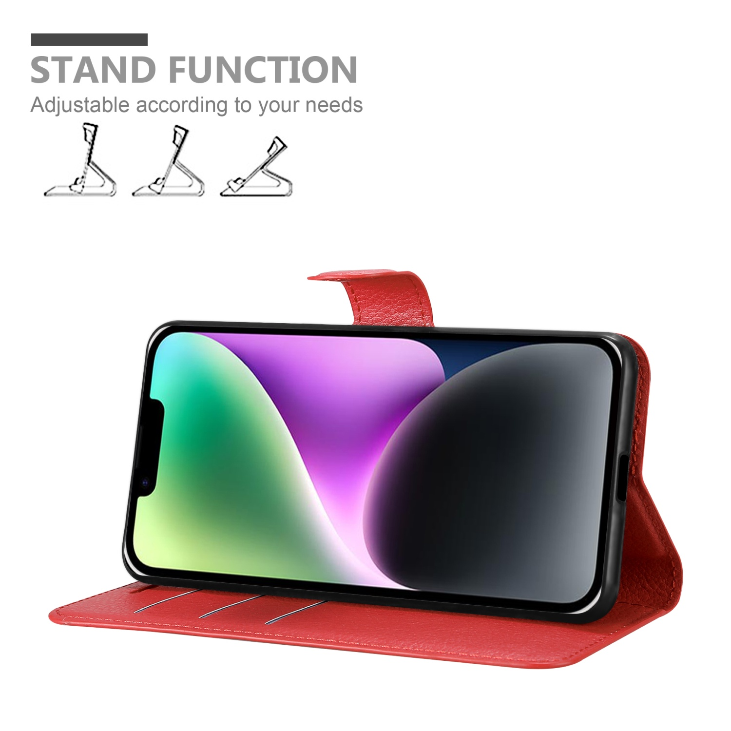 Rote Handyhülle mit Ständerfunktion. Das Telefon steht auf einem roten Hintergrund.