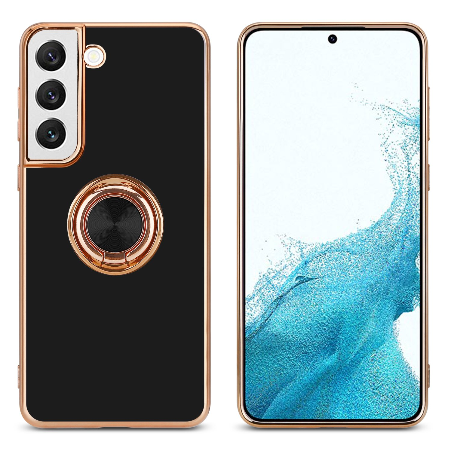 Custodia nera con anello dorato e fotocamera a sinistra, schermo del telefono a destra.