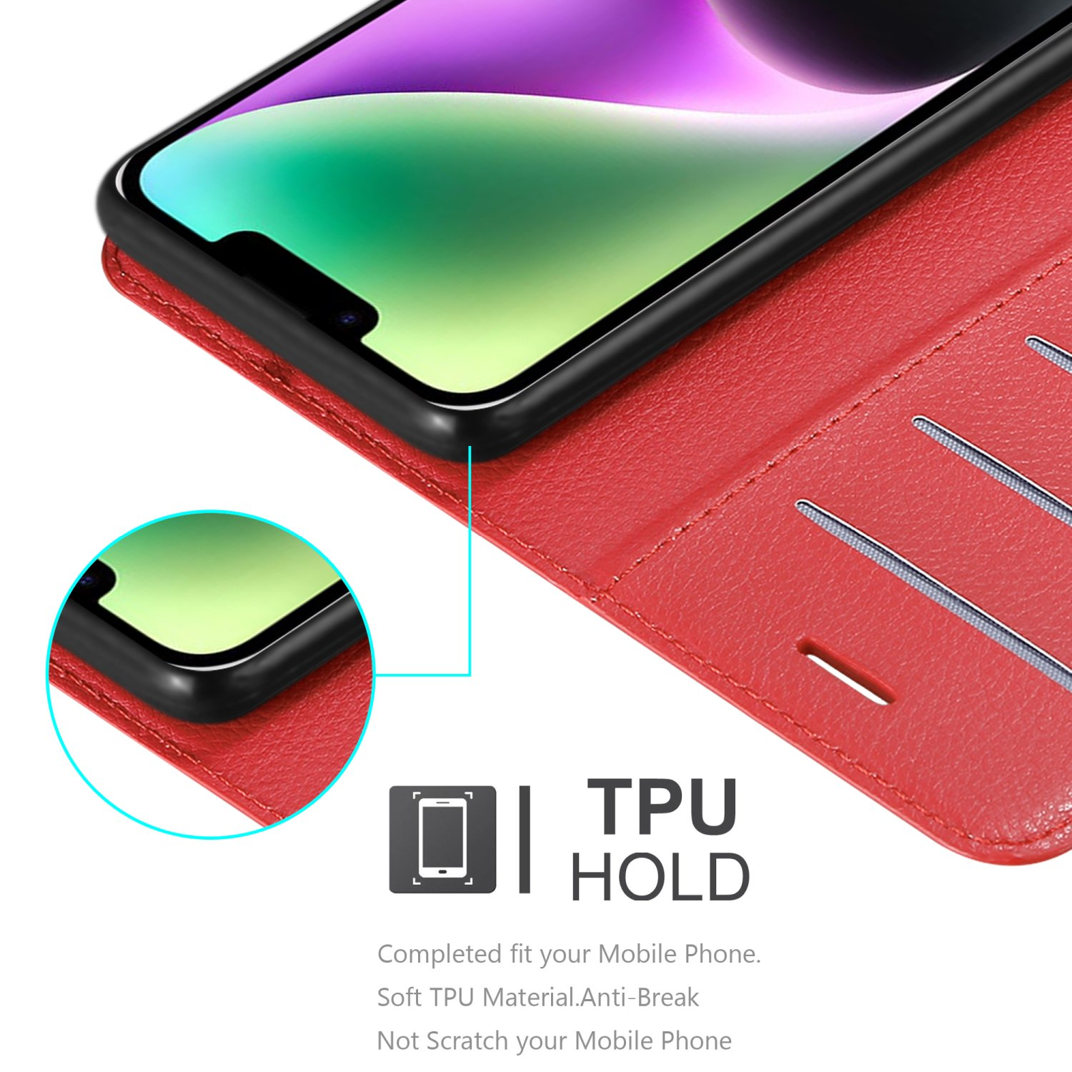 Rote Handyhülle auf roter Oberfläche. Text: TPU Hold. Perfekte Passform, weiches TPU, bruchsicher.