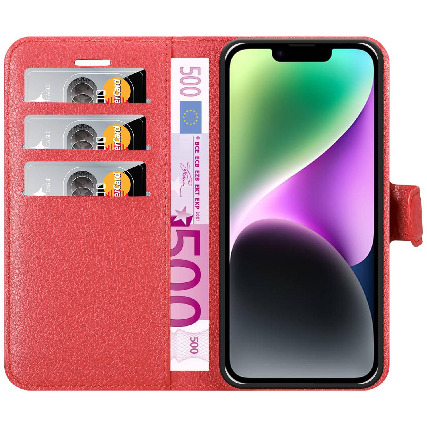 Eine rote Handyhülle mit Kartenfächern und einem 500-Euro-Schein. Rechts ein Handy mit farbenfroher Anzeige.