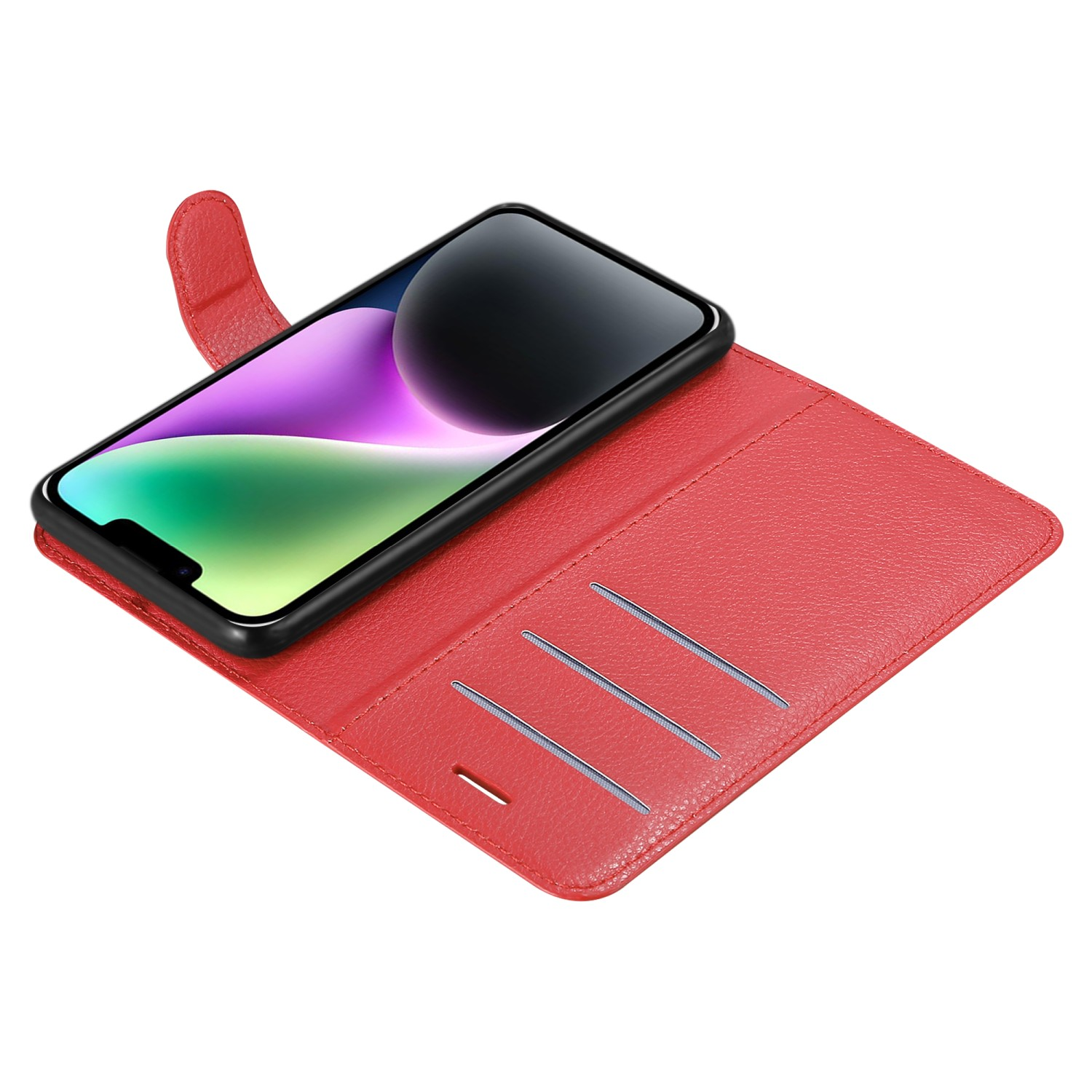 Rote Handyhülle mit schwarzem Telefon. Das Telefon ist geöffnet, Bildschirm sichtbar.