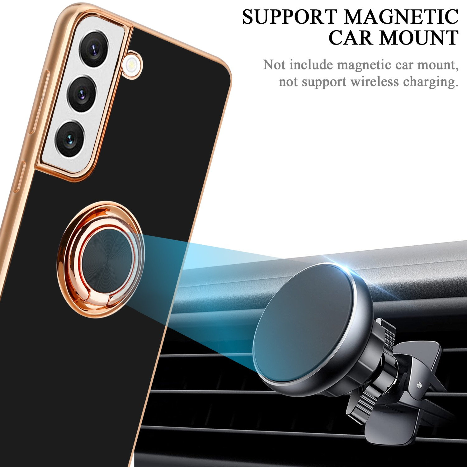 Custodia per telefono con anello di supporto attaccata a un supporto magnetico per auto.