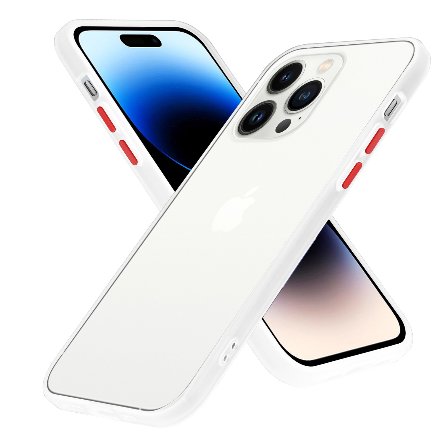 Weiße Handyhüllen mit roten Akzenten. Eine Hülle liegt auf einem Telefon, die andere im Hintergrund.