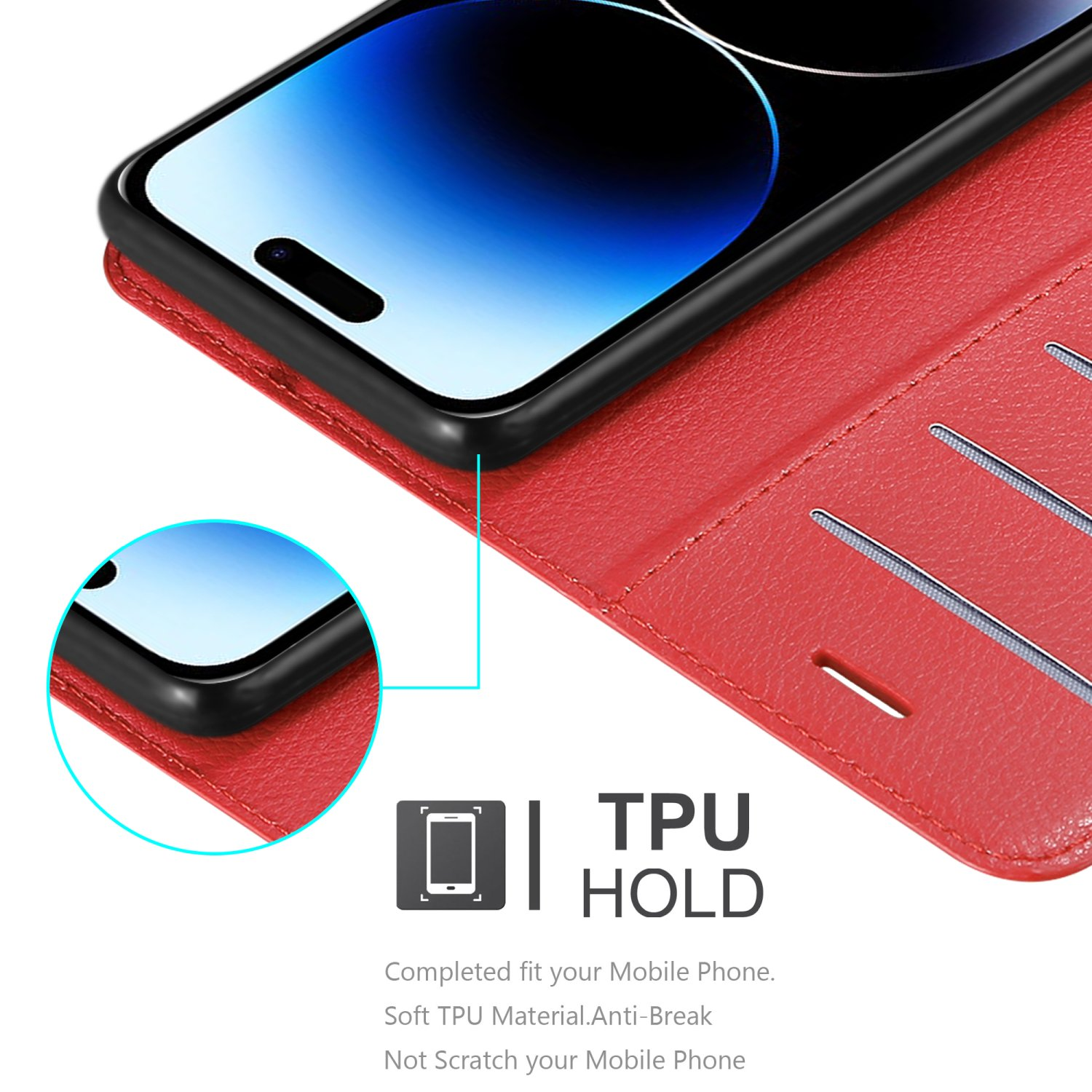 Eine rote Handyhülle hält ein schwarzes Telefon. Die Hülle hat Kartenfächer. Ein Logo zeigt TPU Hold an.