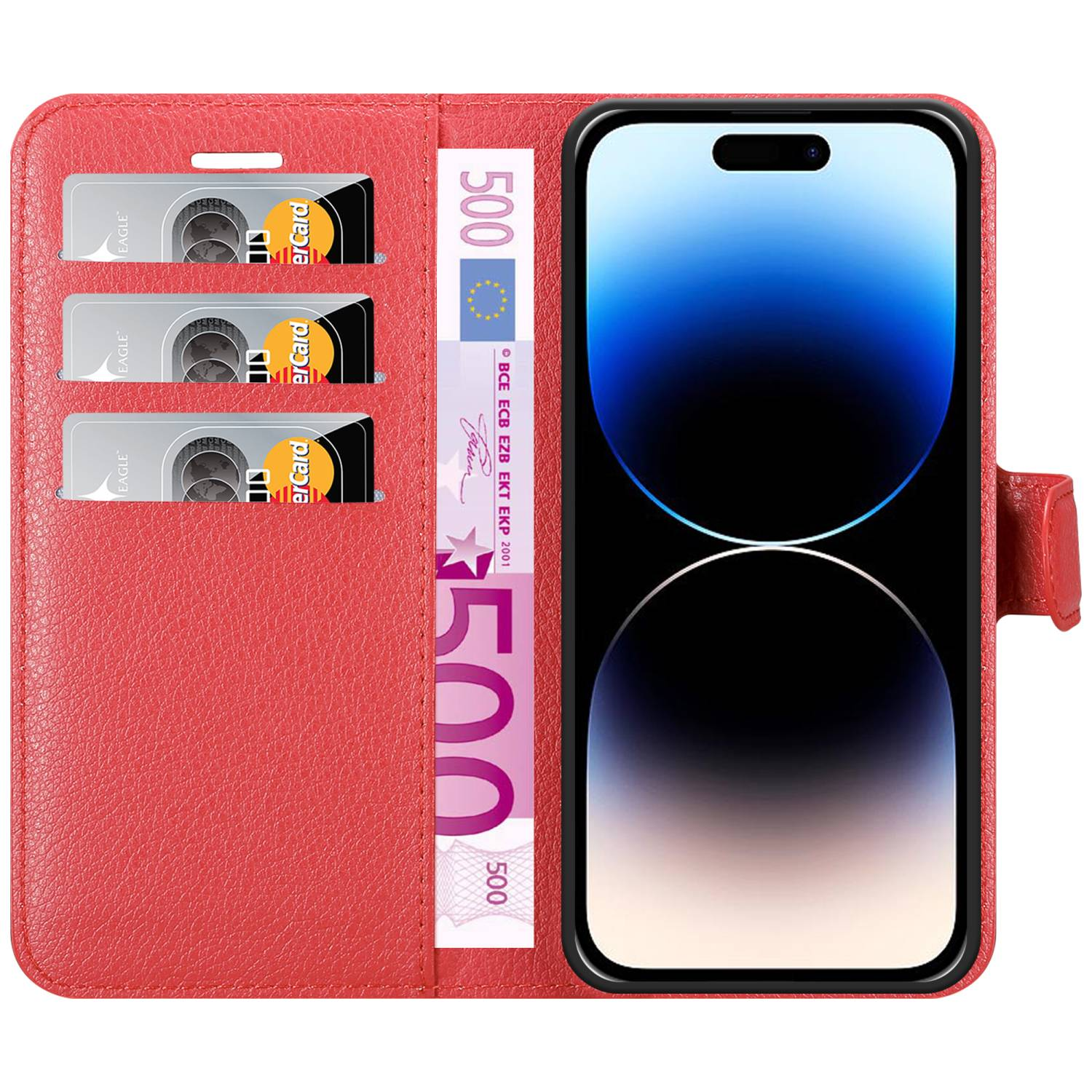 Rote Handyhülle mit drei Kartenfächern und einem Euro-Schein. Telefon mit Kerbe sichtbar.